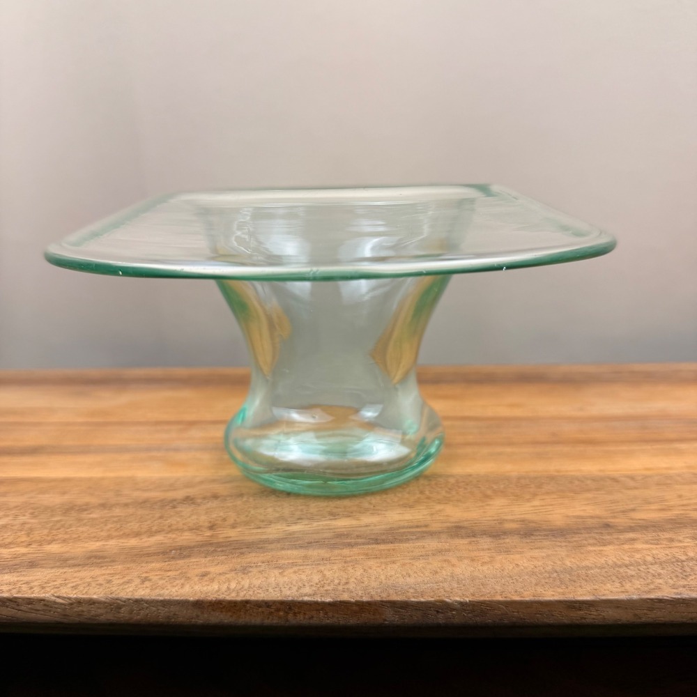 Vintage Hand Blown Light Green Art Glass Hat Vase UV Glow Wide Brim Pedestal